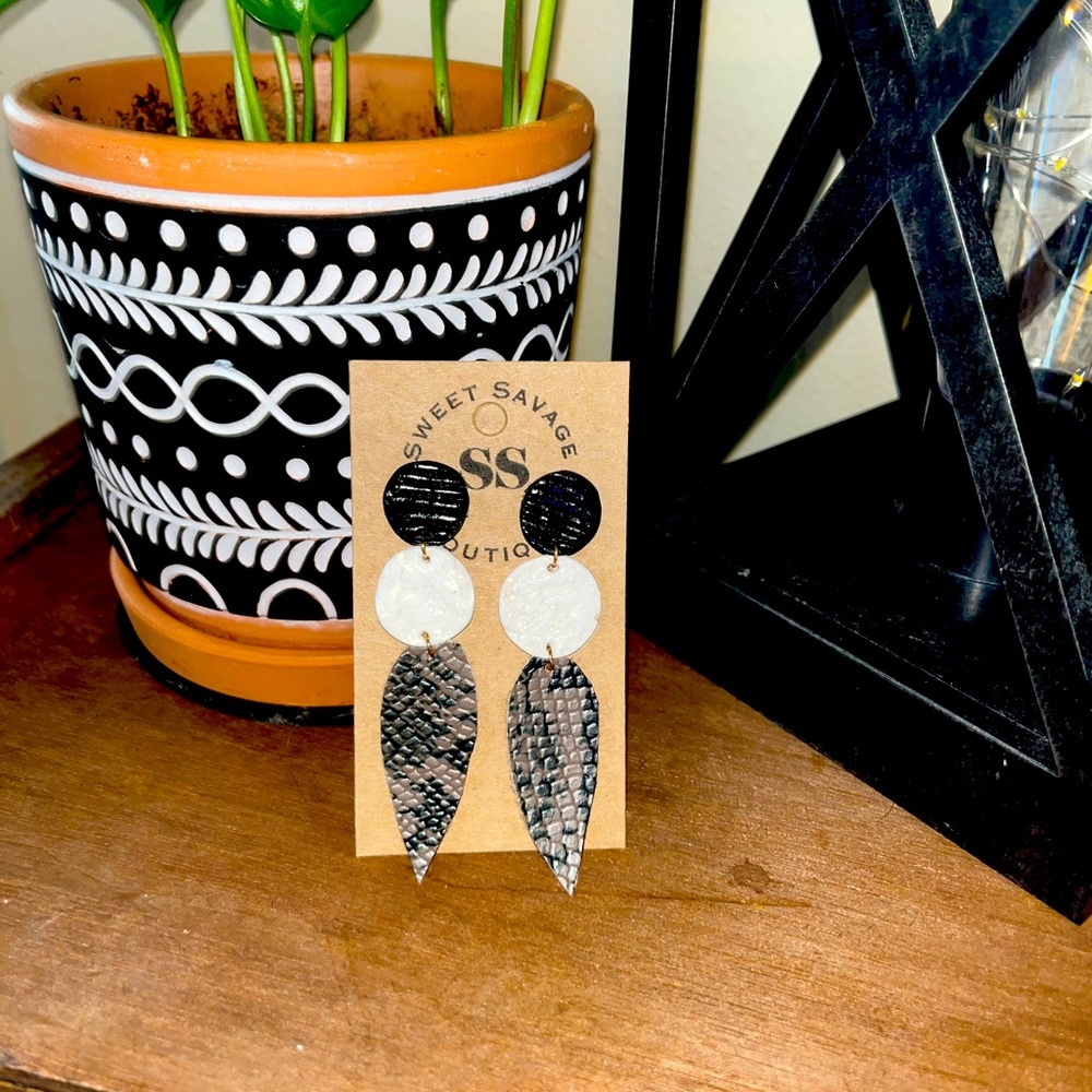 SSB Handmade Studded Snakeskin Leather Dangle Earrings